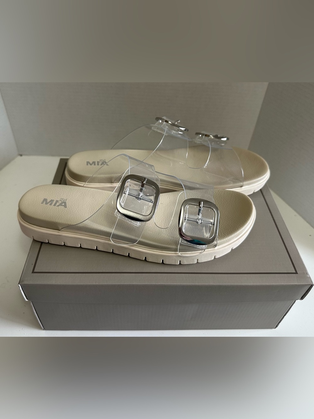 MIA Clear Double-Strap Sandals with Silver Buckles and Cream Sole
